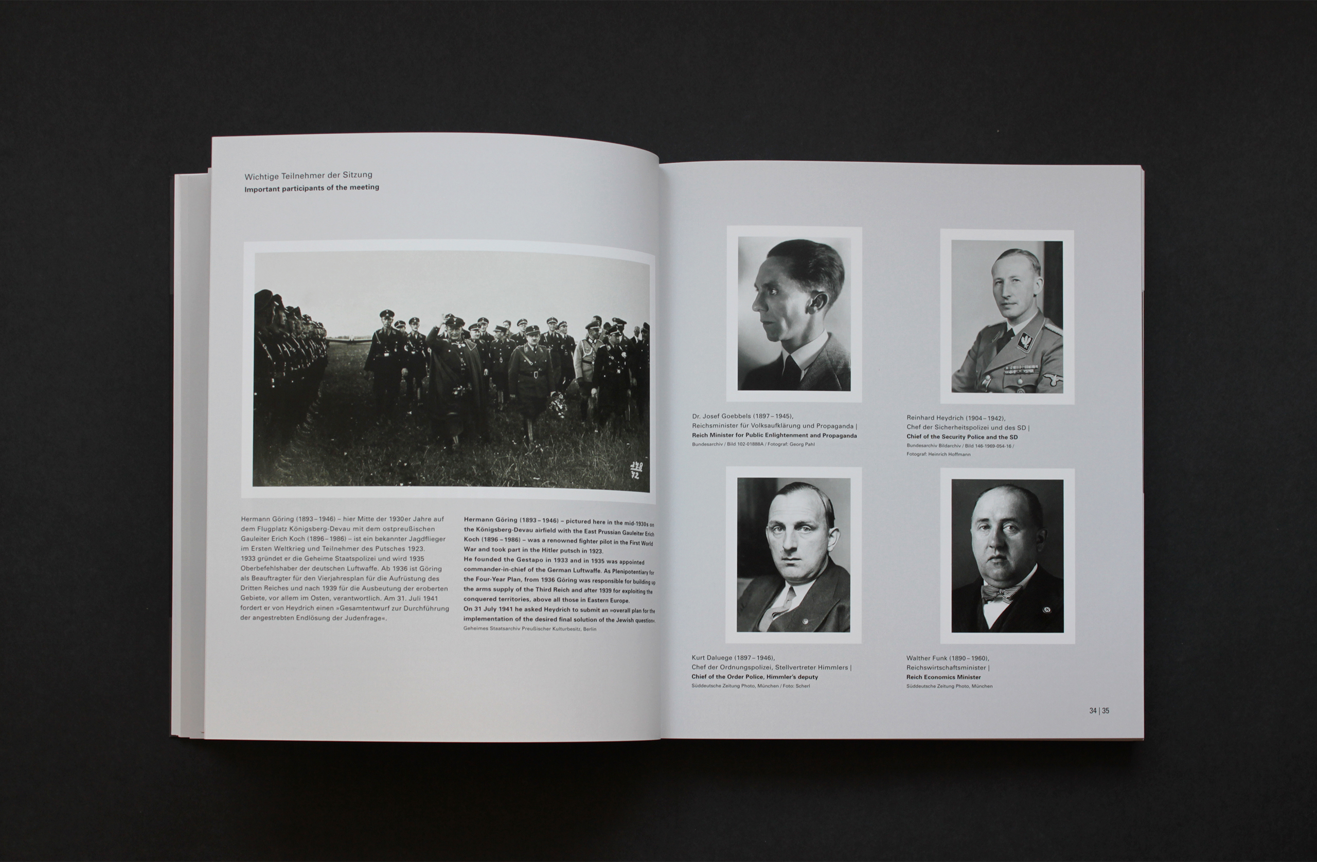 Aufgeschlagene Doppelseite des Katalogs mit Schwarz-Weiß-Porträts von hochrangigen NS-Funktionären unter der Überschrift "Wichtige Teilnehmer der Sitzung"