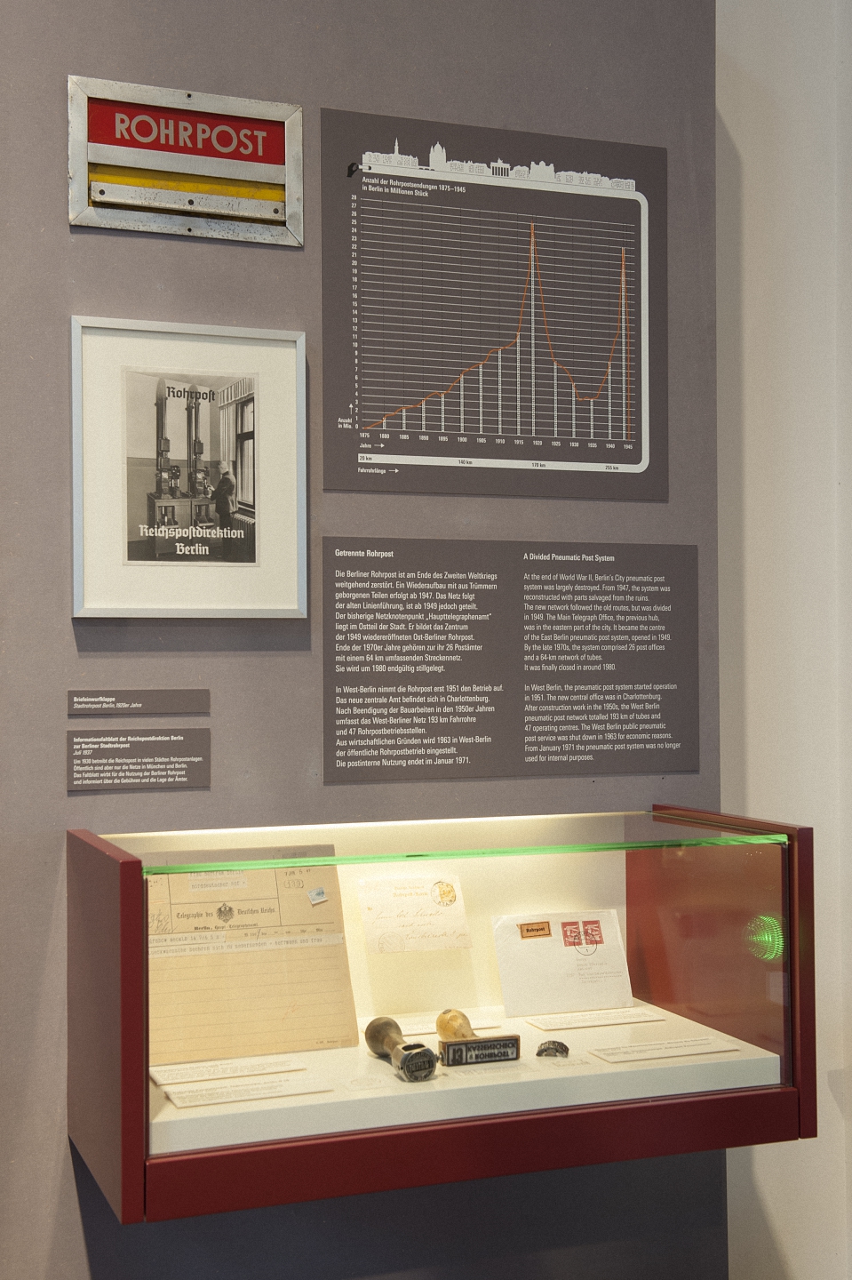 Beleuchtete Museumsvitrine mit historischen Briefen, Stempeln und einem Schild mit der Aufschrift 'ROHRPOST' sowie einer Infotafel und einem Diagramm an der Wand
