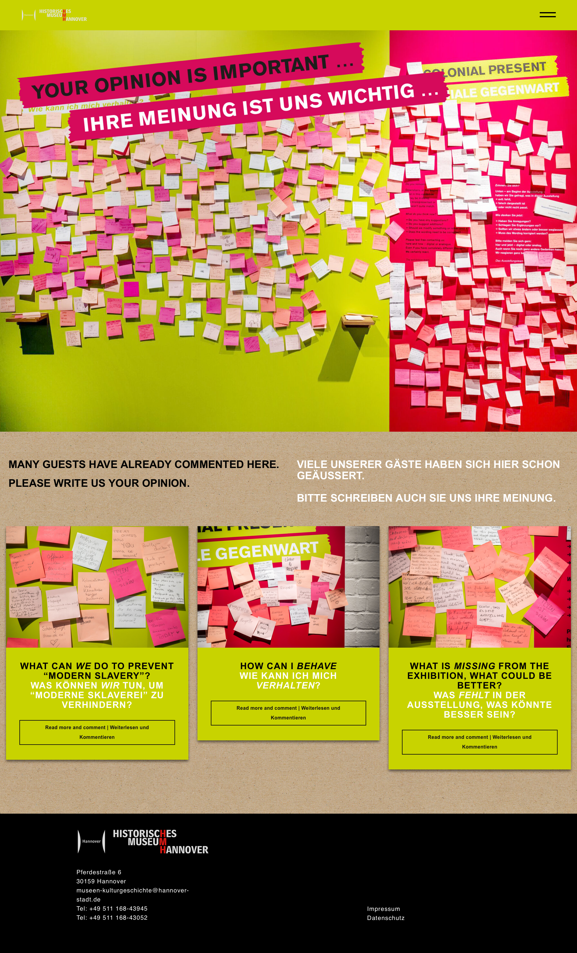 Blick auf die gesamte Themenseite "Besucher:innen-Feedback" der Webseite "www.kolonialismus-hannover.de"