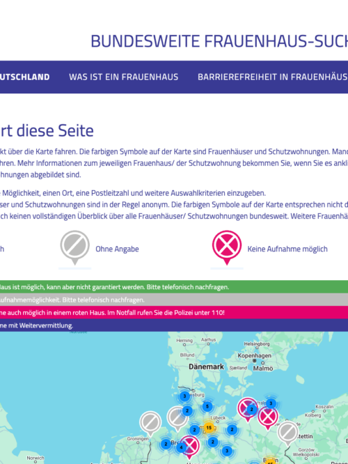 Blick auf den oberen Teil der Startseite der Webseite "www.frauenhaus-suche.de"