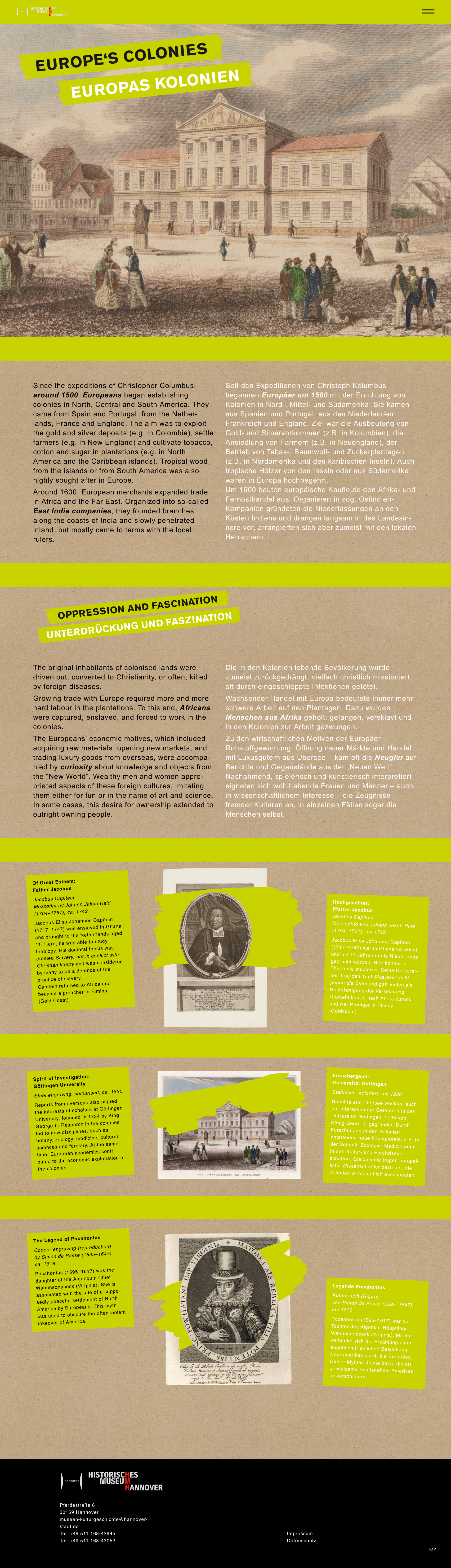 Blick auf die gesamte Themenseite "Europas Kolonien" der Webseite "www.kolonialismus-hannover.de"