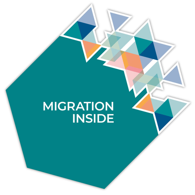 Grafik mit dem Text 'Migration Inside' und abstrakten, dreieckigen Formen, die nach rechts oben zeigen