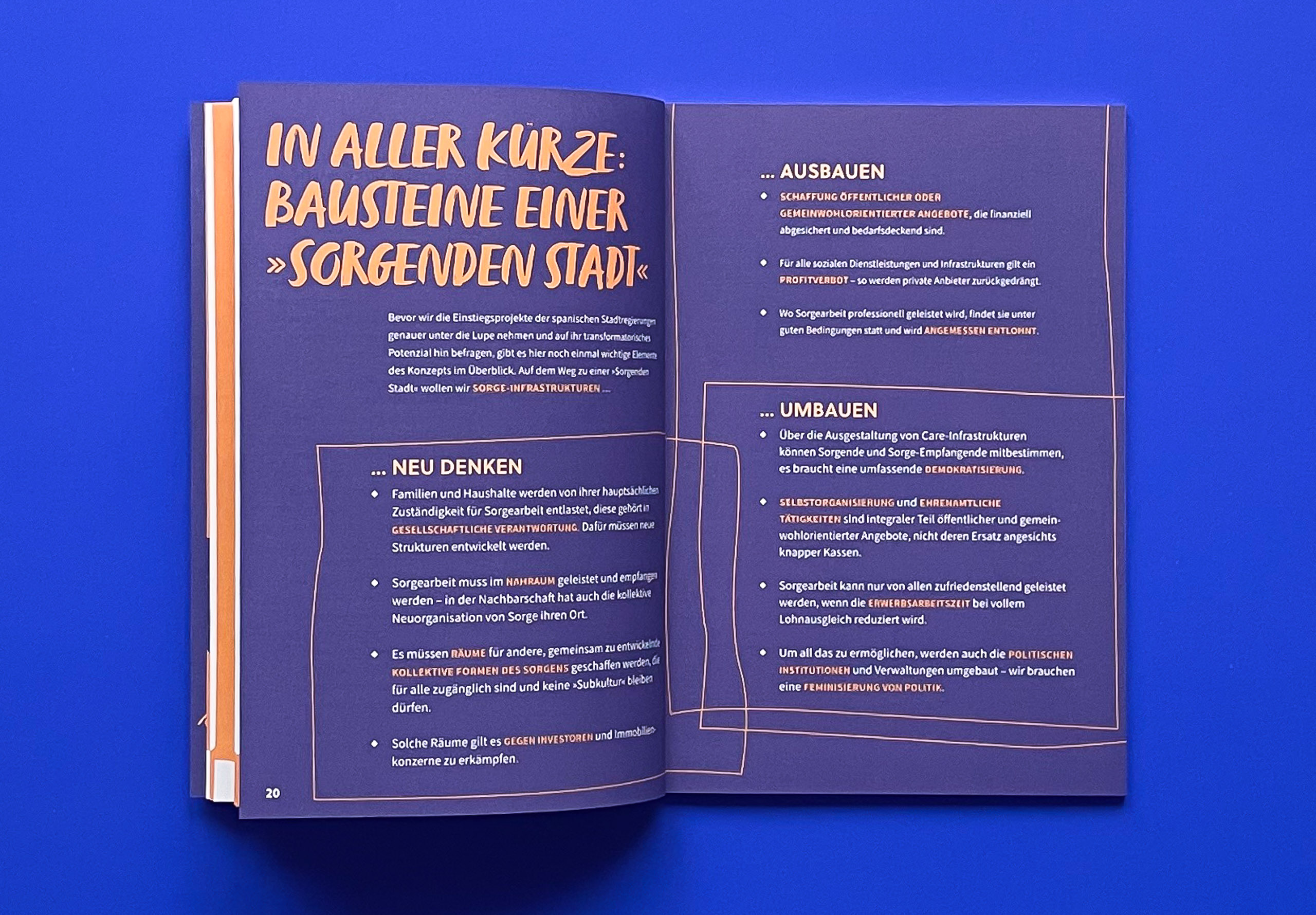 Doppelseite mit dem Titel: "In aller Kürze. Bausteine einer 'Sorgenden Stadt'", heller Text in Stichpunkten auf dunkelblauem Grund