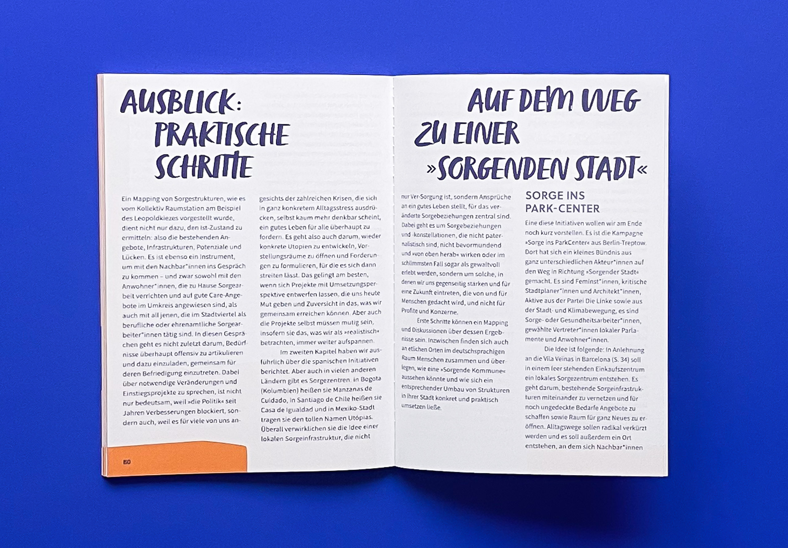 Doppelseite mit Überschriften 'Ausblick: Praktische Schritte' und 'Auf dem Weg zu einer sorgenden Stadt', dunkelblauer Fließtext auf weißem Grund