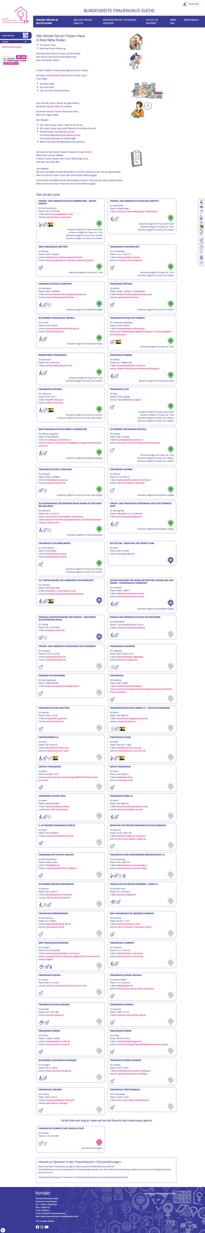 Blick auf die gesamte Themenseite "Frauenhäuser in Deutschland" der Webseite "www.frauenhaus-suche.de" in leichter Sprache
