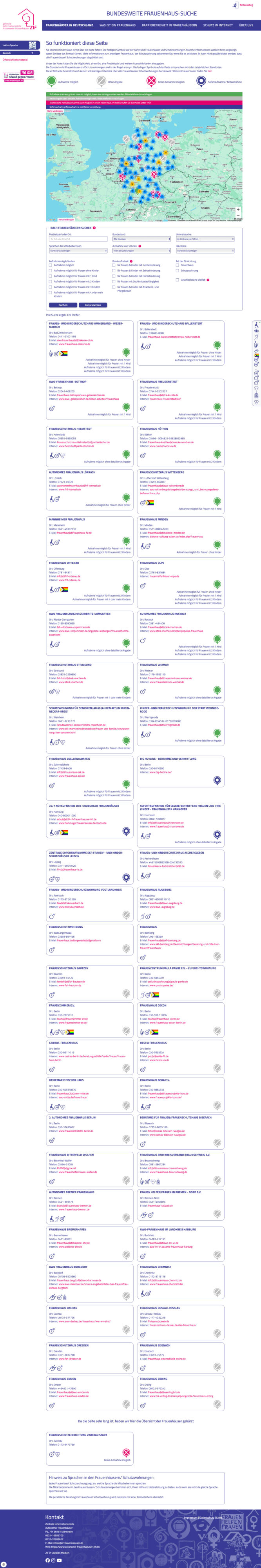 Blick auf die gesamte Startseite der Webseite "www.frauenhaus-suche.de"