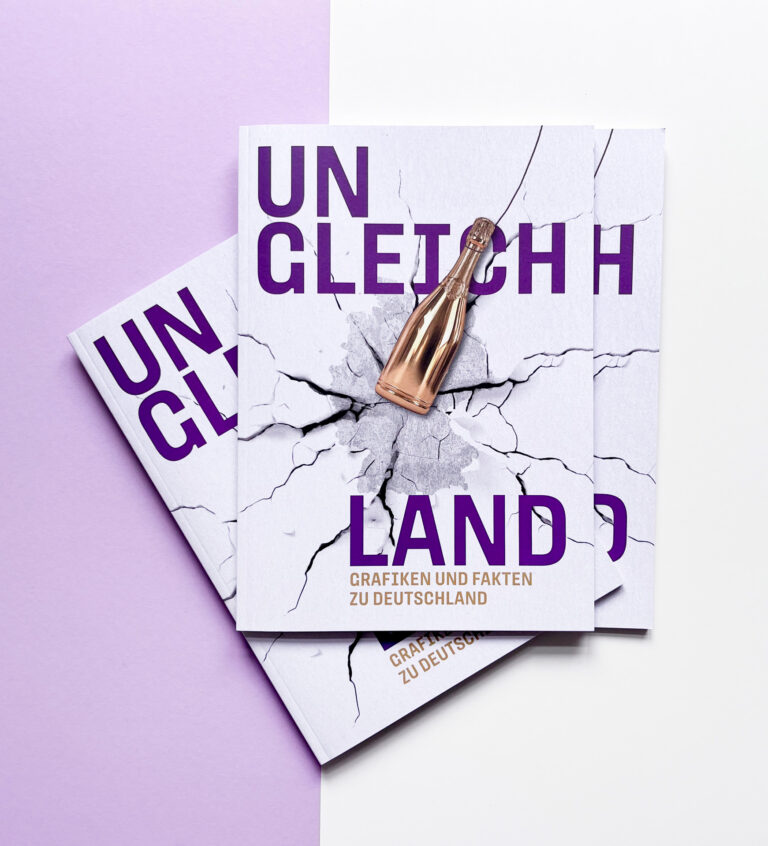 Titelseite der Publikation "Ungleichland. Grafiken und Fakten zu Deutschland" mit Abbildung einer Sektflasche vor einer rissigen Steinfläche
